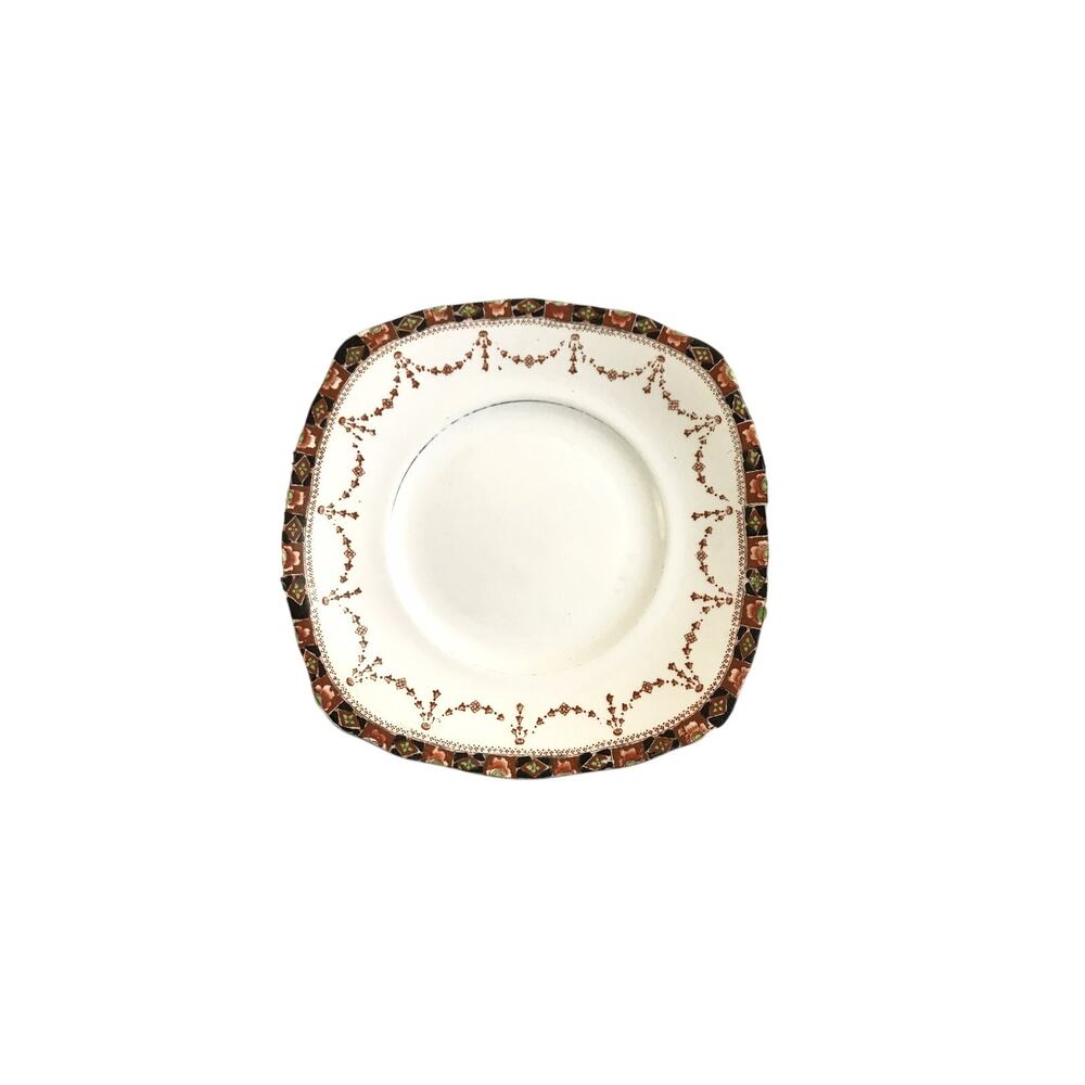 Royal Albert Cake Plate Crown China Handles White Brown Black Border Vintage